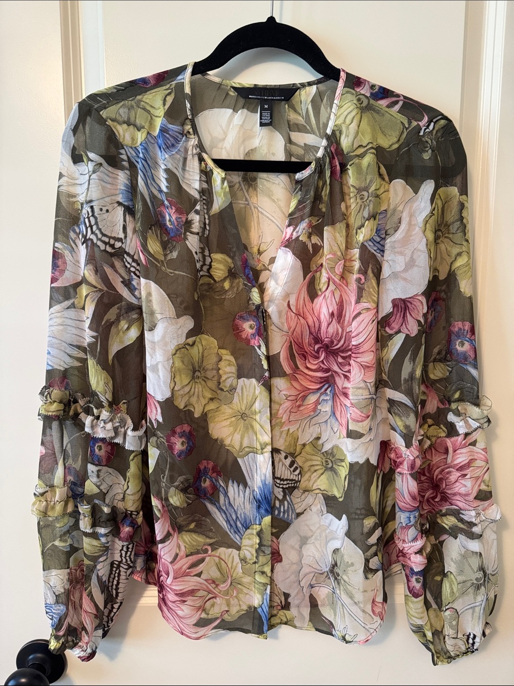 WHBM Floral Sheer Blouse - Pink & Olive